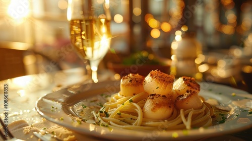 Fototapeta Naklejka Na Ścianę i Meble -  A beautifully plated dish of pasta topped with seared scallops, accompanied by a glass of sparkling wine, set against a warm, glowing background.