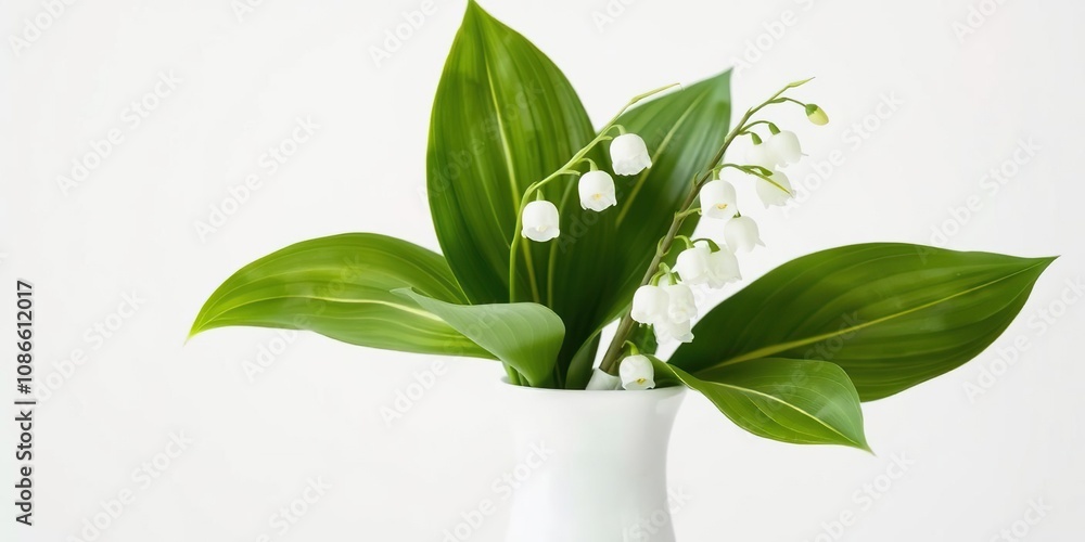 Fototapeta premium White Forest Lily of the Valley Leaves in a Vase on White Background, foliage, spring