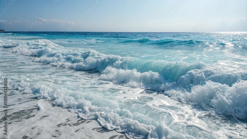 Obraz premium White foam and blue waters blend together in a mesmerizing dance on the ocean surface, movement, sea