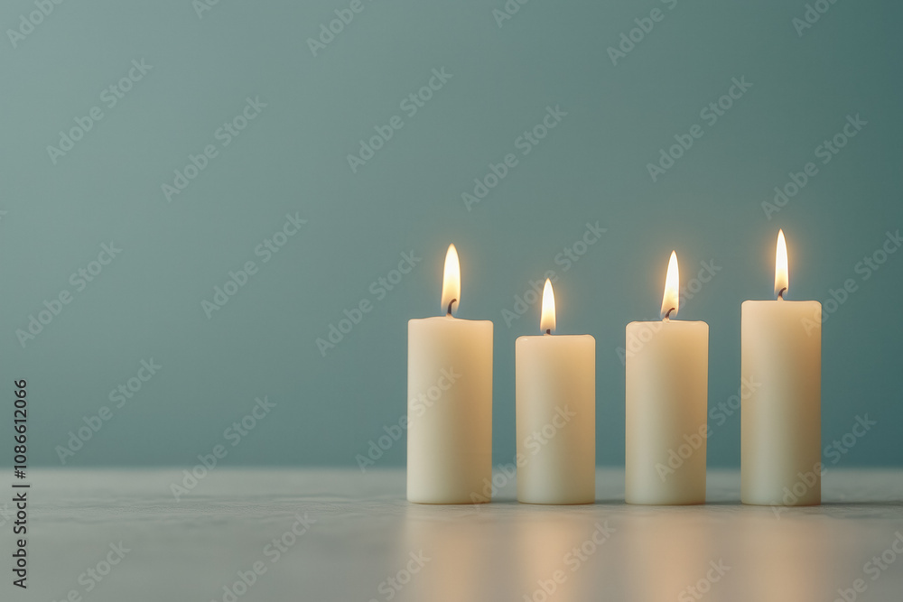 Four lit white candles in a serene setting on a soft blue background, symbolizing peace, tranquility, and the spirit of the Advent season. Four lit white candles in a serene setting on a soft blue background, symbolizing peace, tranquility, and the spirit of the Advent season.