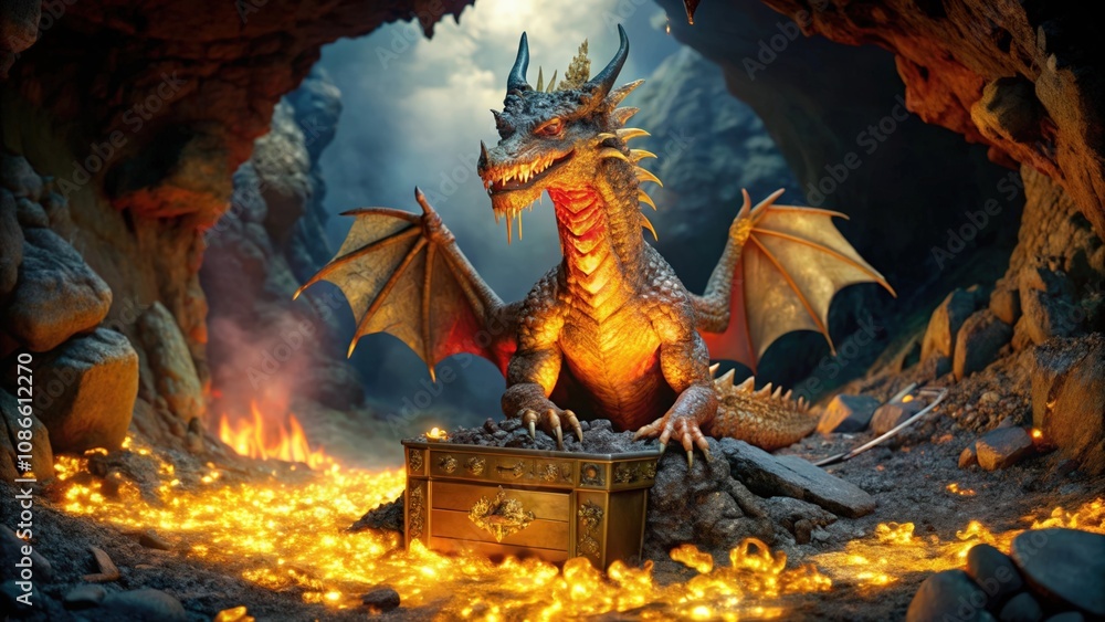 A Golden Dragon Guards a Treasure Chest in a Cave A Golden Dragon Guards a Treasure Chest in a Cave