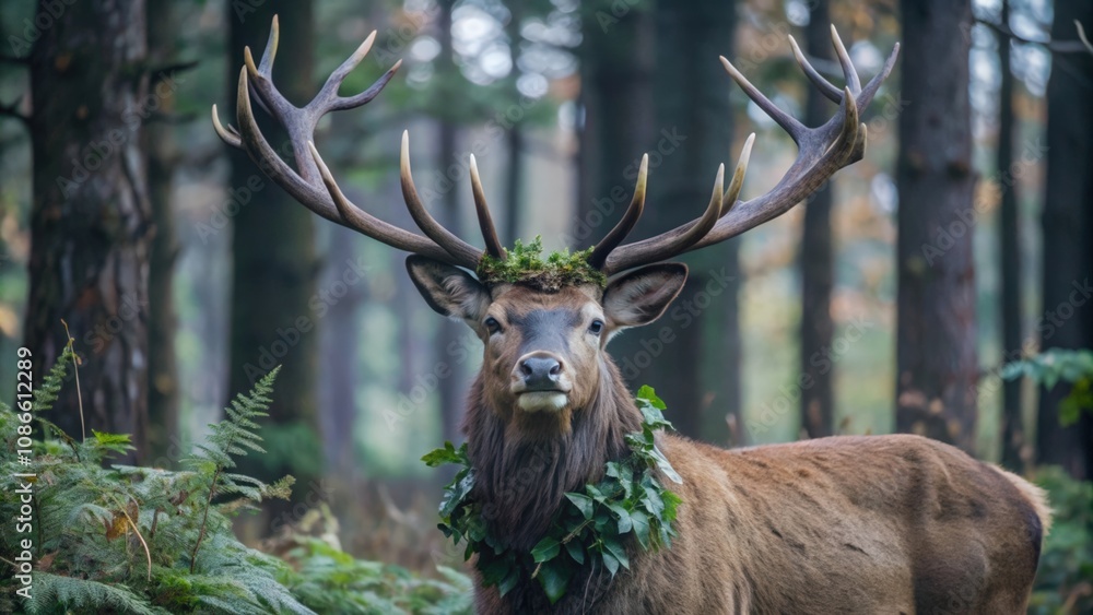 Fototapeta premium A majestic red deer stag with antlers adorned with greenery, standing in a forest setting.