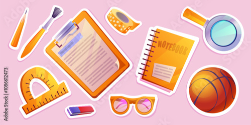 Back to school supplies stickers. Set of educational materials - clipboard and spiral notebook, basketball and magnifying glass, protractor and pencil, brush and decorative tape, glasses and eraser.