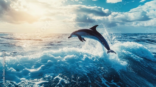 Dolphin Leaping Through a Wave in the Ocean