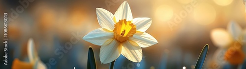 A beautiful daffodil flower in vibrant bloom, showcasing its delicate petals and bright yellow center against a soft background. photo