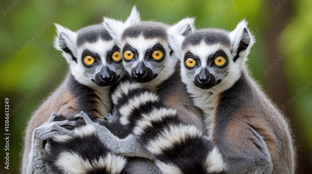 Three Ring-Tailed Lemurs Cuddling Close Three Ring-Tailed Lemurs Cuddling Close