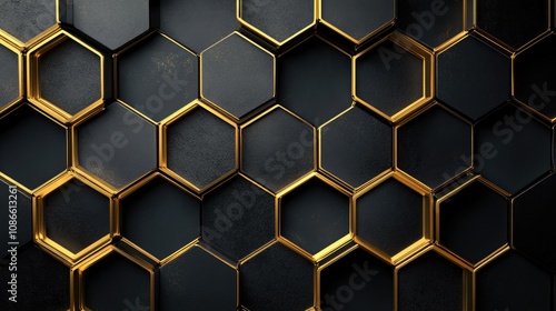 Hexagon grid with metallic gold outlines on a black background, creating a luxurious and elegant feel