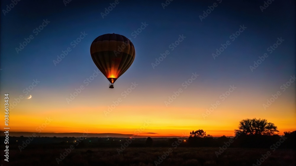 Obraz premium A Single Hot Air Balloon Ascending at Sunset with a Crescent Moon in the Sky