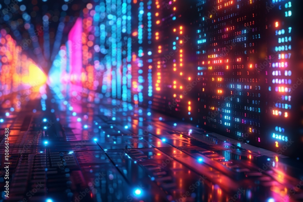 Abstract digital code with red and blue glowing lights reflecting on a futuristic surface. AI generative. .