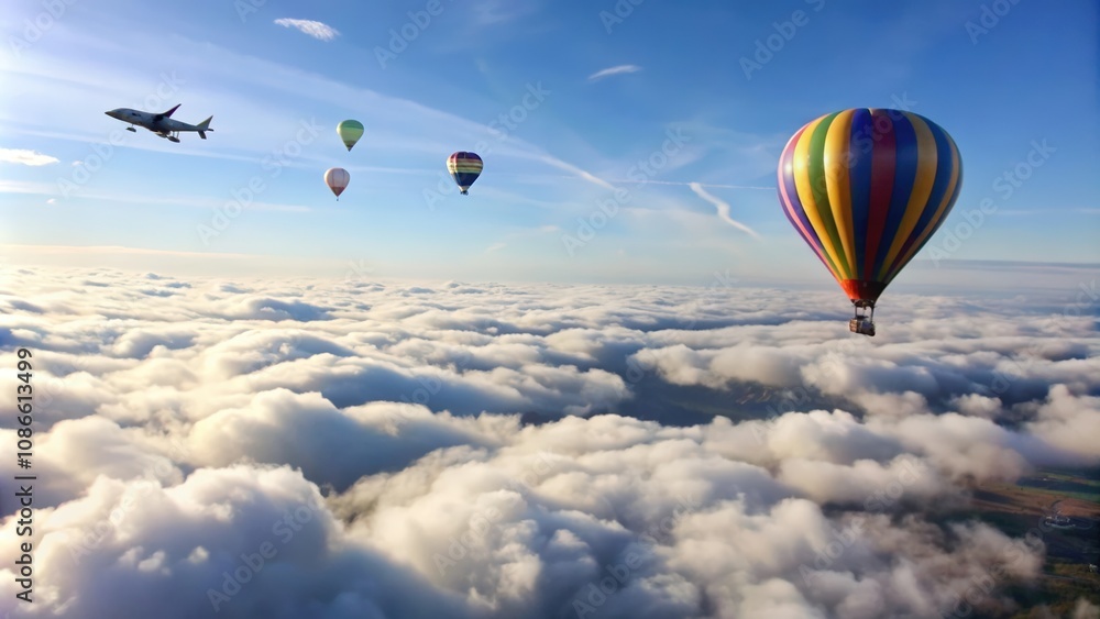 Fototapeta premium Hot Air Balloons and Airplane Soaring Above a Sea of Clouds