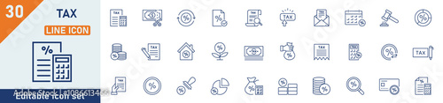Tax line icon set. Set of 30 outline icons related to tax, payment, taxpayer, tax accounting, VAT, taxation, refund and others. Editable stroke. Vector illustration.