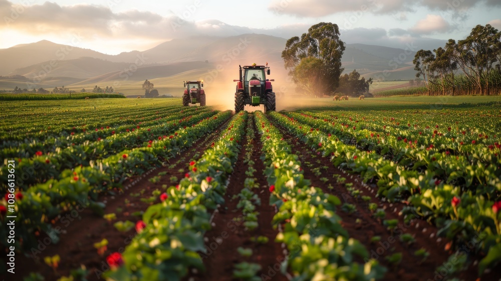 Two red tractors drive through a field of green crops with red flowers. AI generative. . Two red tractors drive through a field of green crops with red flowers. AI generative. .