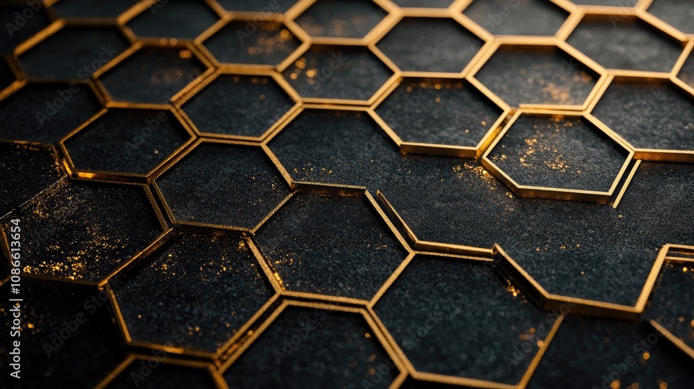 Hexagon grid with metallic gold outlines on a black background, creating a luxurious and elegant feel Hexagon grid with metallic gold outlines on a black background, creating a luxurious and elegant feel