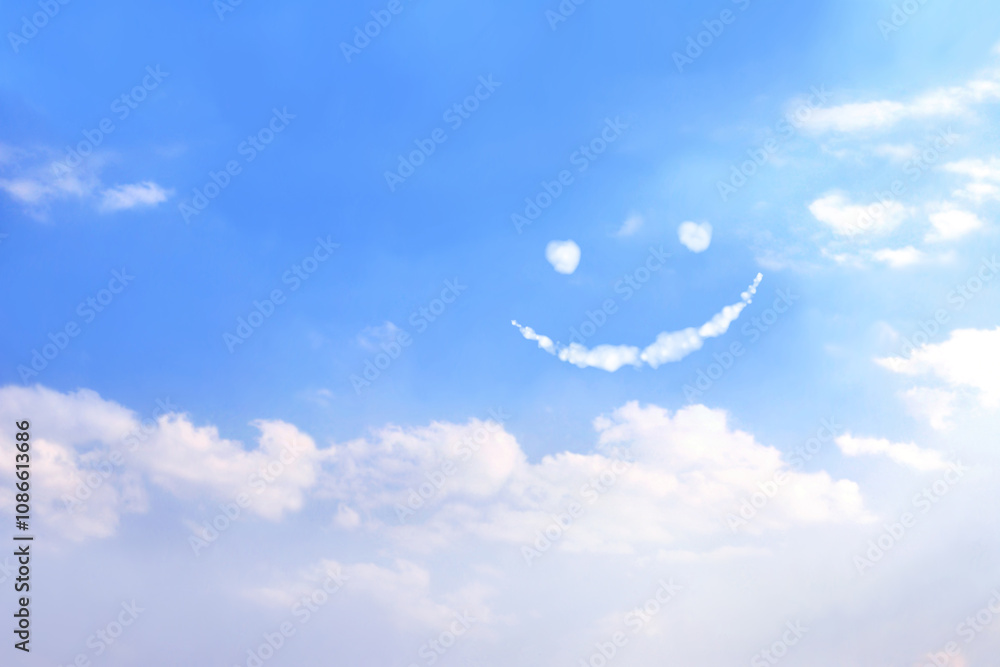 Feeling happy and good mood concept. Funny cloud emoji on blue sky background Feeling happy and good mood concept. Funny cloud emoji on blue sky background