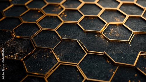 Hexagon grid with metallic gold outlines on a black background, creating a luxurious and elegant feel
