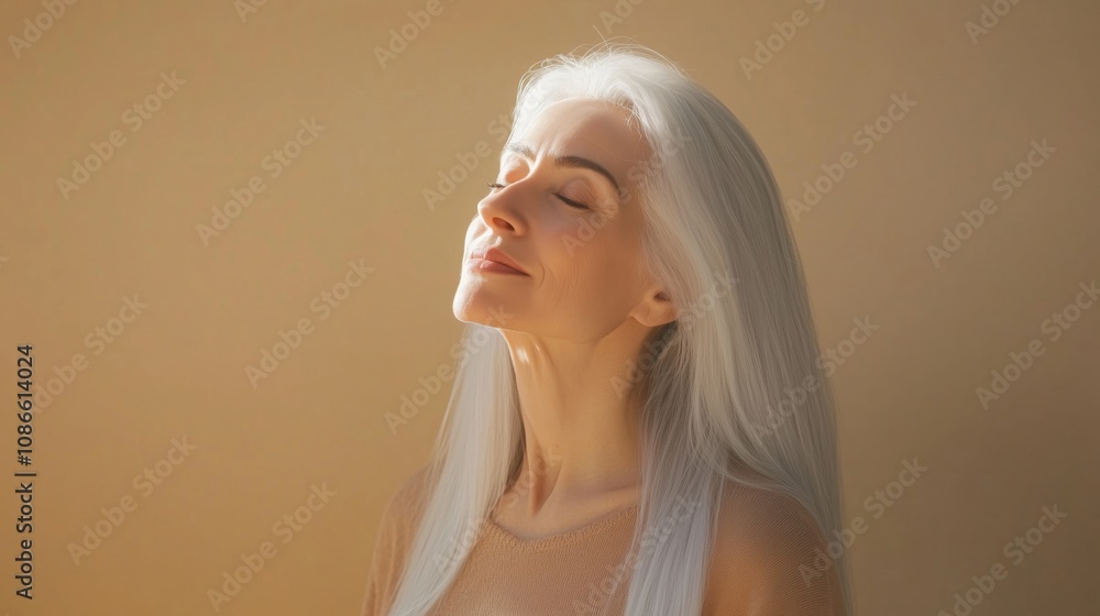 Beautiful woman with white hair in a beautiful hairstyle, long, smooth, and straight silver-gray hair, and perfect skin against the background of a beige wall Beautiful woman with white hair in a beautiful hairstyle, long, smooth, and straight silver-gray hair, and perfect skin against the background of a beige wall