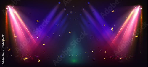 Concert stage light and confetti on black background. Vector realistic illustration of blue and orange spotlight beams, golden streamer flying in air, fashion show, nightclub disco party illumination