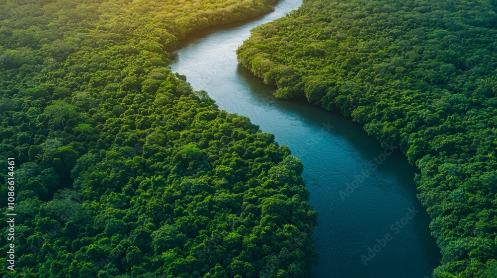 Aerial view of a winding river cutting through a lush green forest. AI generative. . Aerial view of a winding river cutting through a lush green forest. AI generative. .