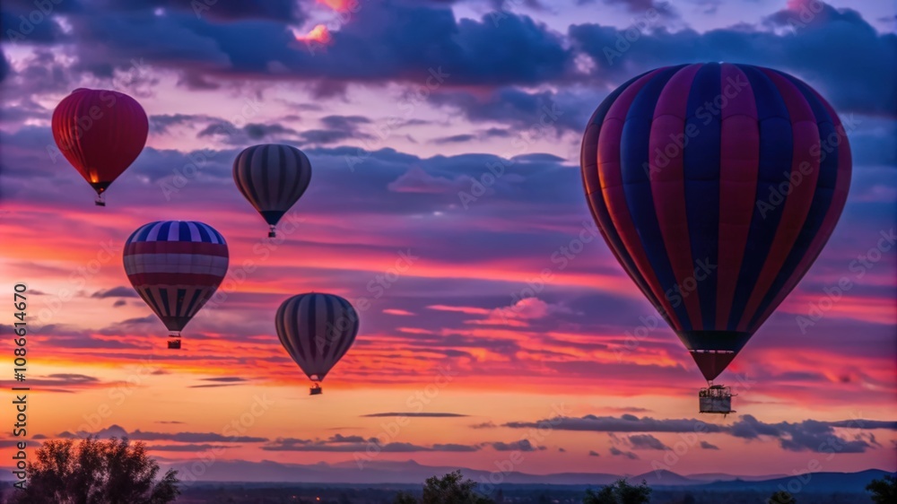 Naklejka premium Hot Air Balloons Soaring Through a Vibrant Sunset Sky