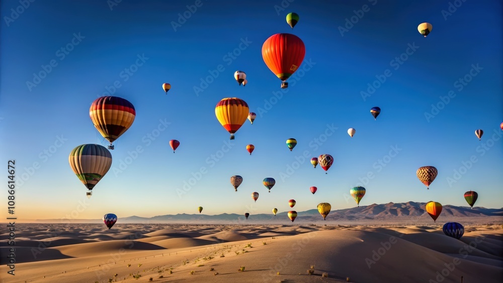 Obraz premium Hot Air Balloons Soaring Over a Desert Landscape at Sunrise