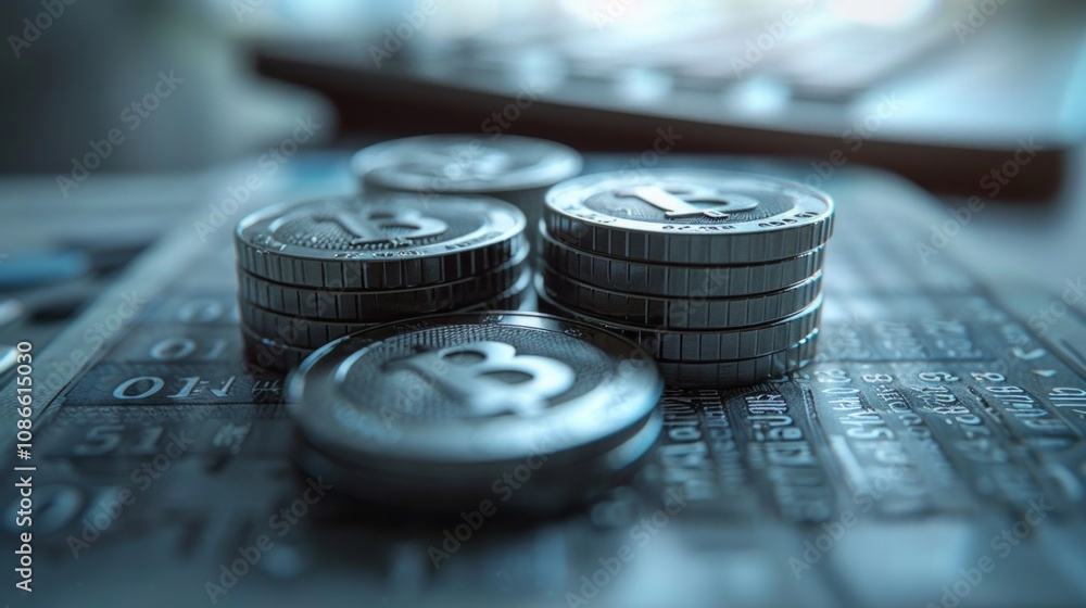 Close-up of silver Bitcoin coins on a calculator keypad. AI generative. . Close-up of silver Bitcoin coins on a calculator keypad. AI generative. .
