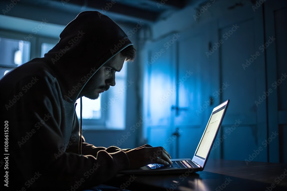 A hacker breaks into a security system. Silhouette of a man in a sweatshirt working on a laptop in a dark room with blue light coming from the screen A hacker breaks into a security system. Silhouette of a man in a sweatshirt working on a laptop in a dark room with blue light coming from the screen