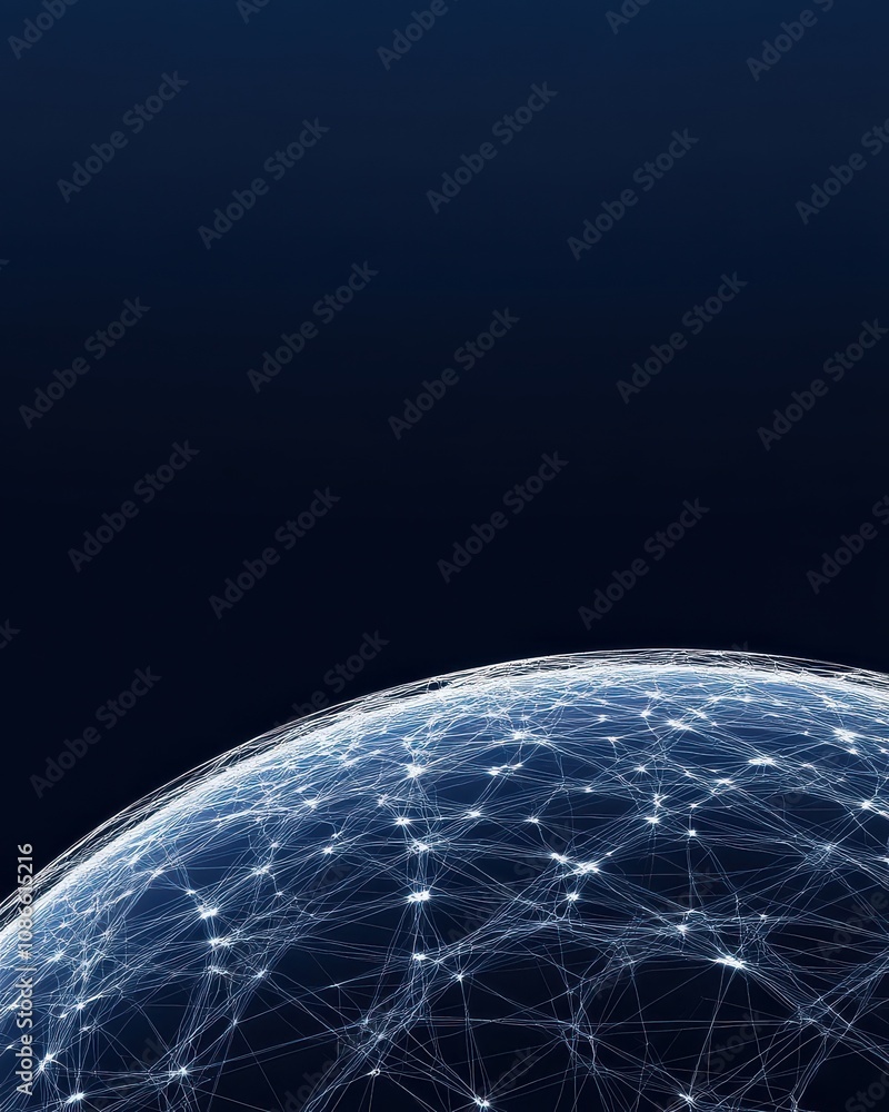 Naklejka premium A digital representation of a globe interconnected by glowing lines, symbolizing global connectivity and technology.