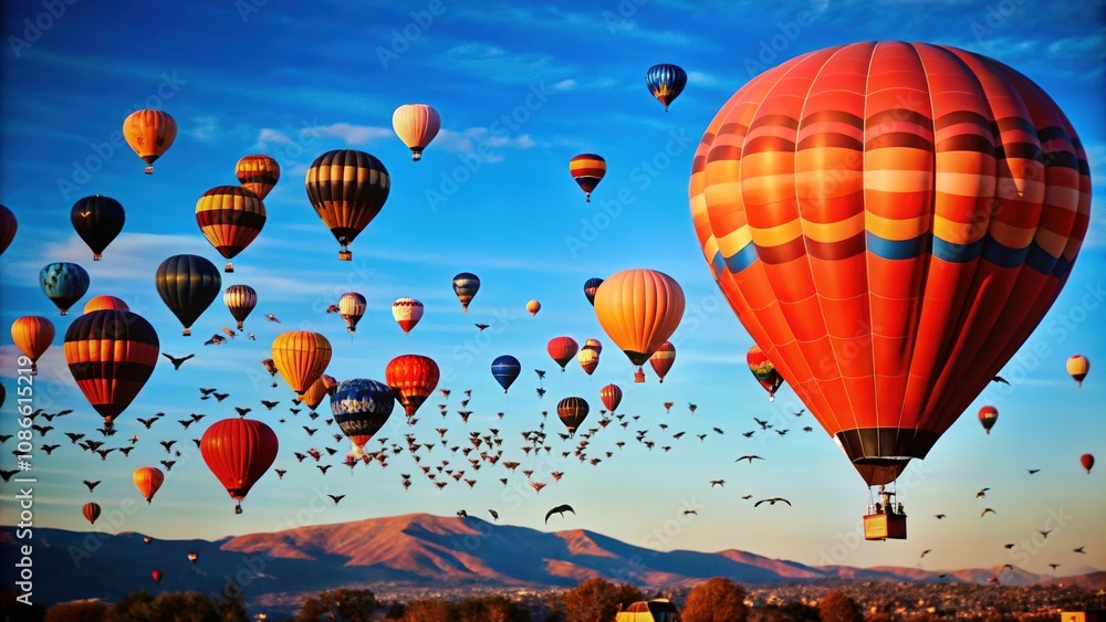 Naklejka premium A Large Orange and Blue Hot Air Balloon Soaring Above a Mountain Range