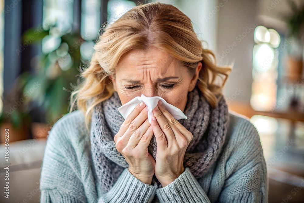 woman with flu sneezing and blowing her nose woman with flu sneezing and blowing her nose