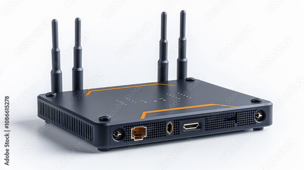 Black router with four antennas and orange accents on a white background. AI generative. . Black router with four antennas and orange accents on a white background. AI generative. .