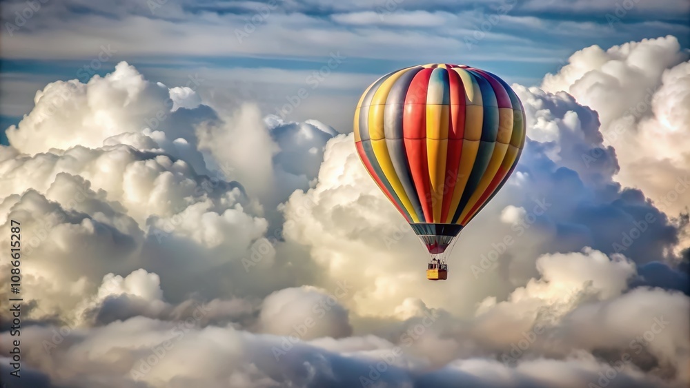 A Colorful Hot Air Balloon Soaring Above Fluffy Clouds A Colorful Hot Air Balloon Soaring Above Fluffy Clouds