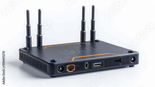 Black router with four antennas and orange accents on a white background. AI generative. .