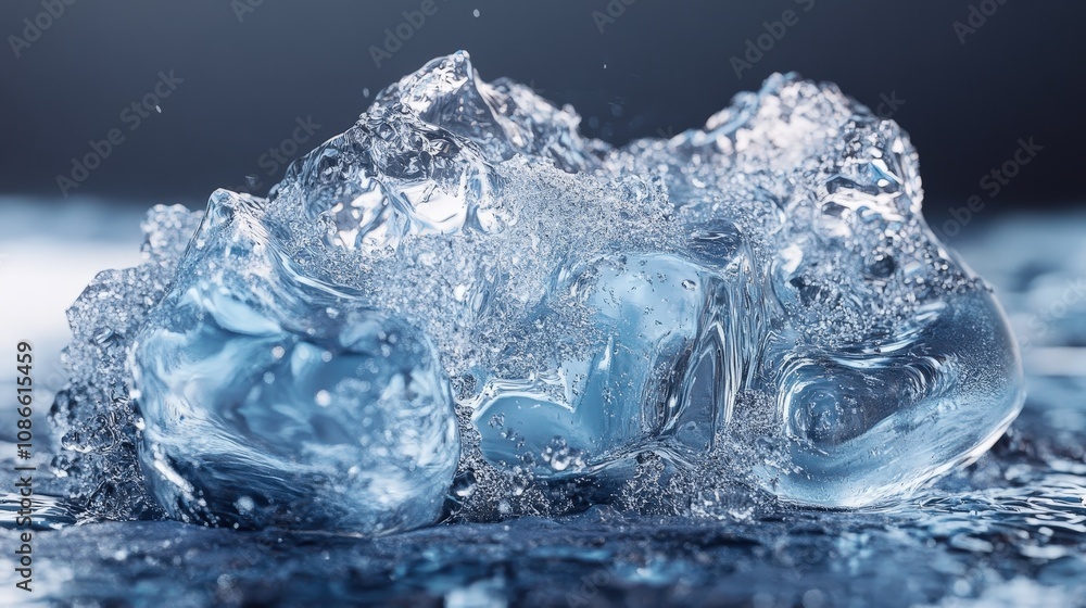 A close-up view of ice cubes splashing in water, creating captivating ripples and reflections. Perfect for beverage themes.
