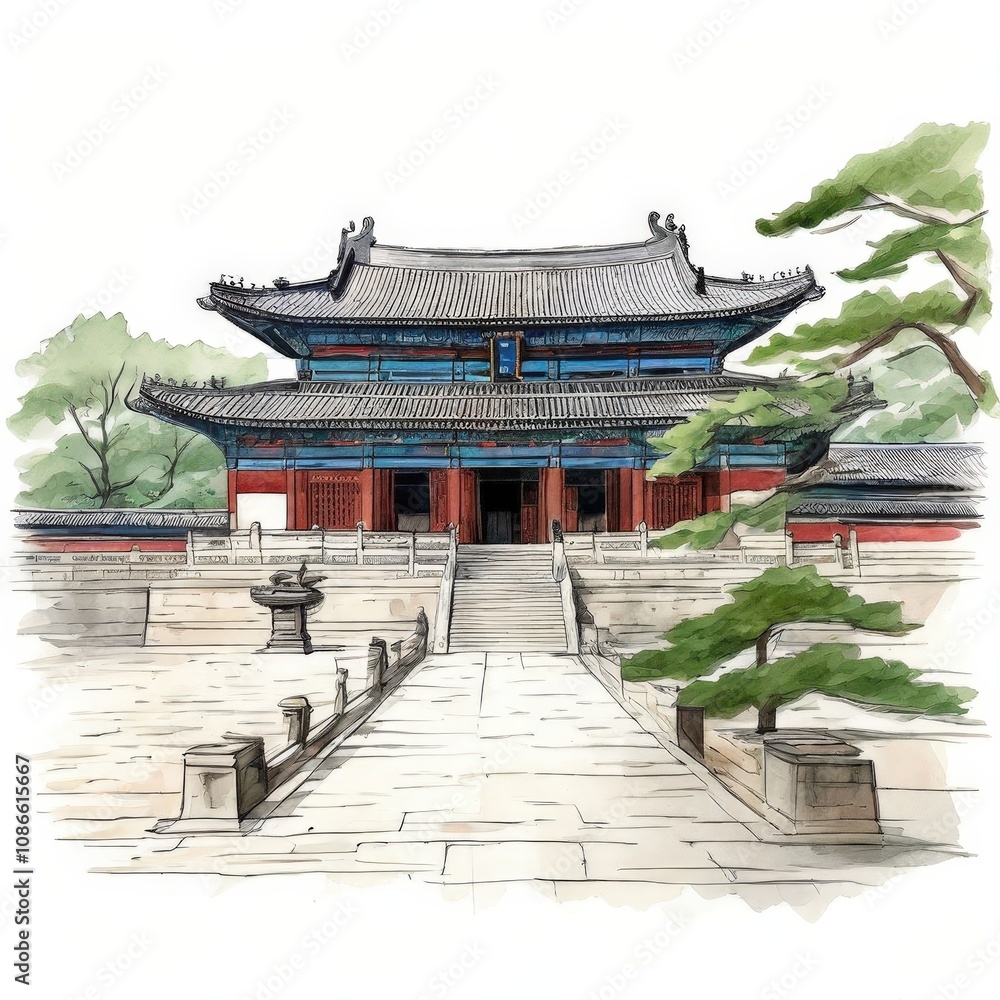 Naklejka premium the AI Image Generator, Japanese Temple Pencil Drawing