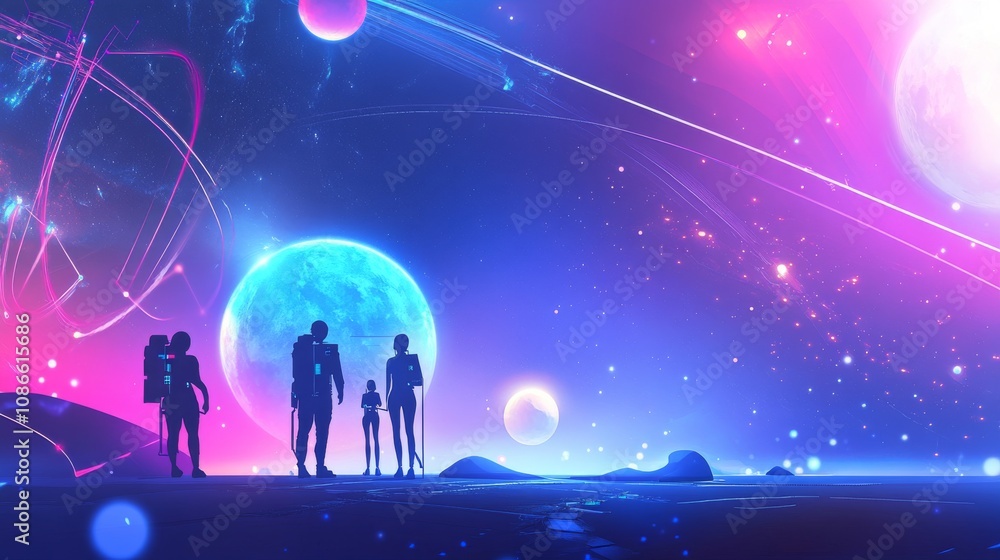 Futuristic scene with celestial bodies and silhouettes. Futuristic scene with celestial bodies and silhouettes.