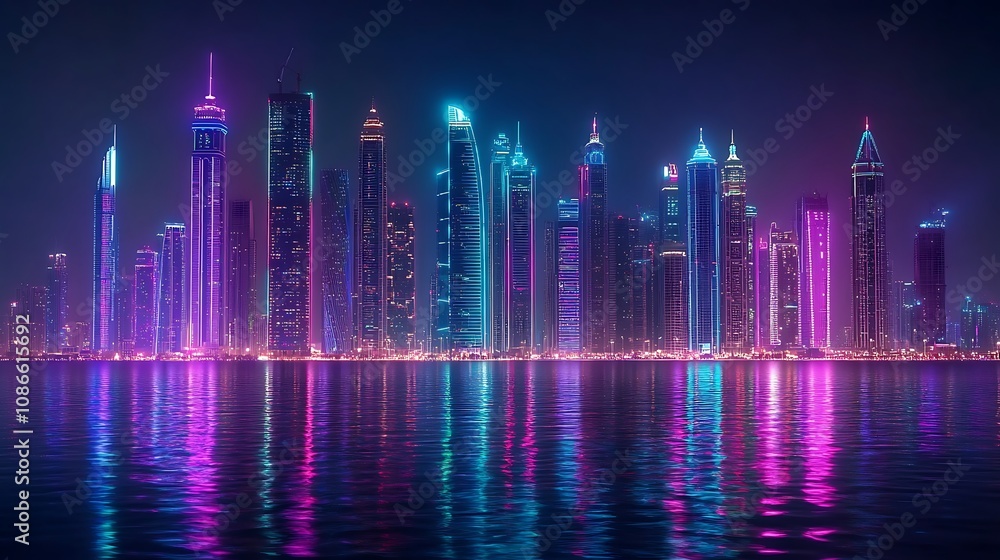 Dubai city illuminated featuring iconic skyscrapers in panoramic view Dubai city illuminated featuring iconic skyscrapers in panoramic view