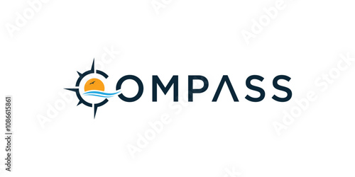 Combination of compass, sea, sunset typography logo