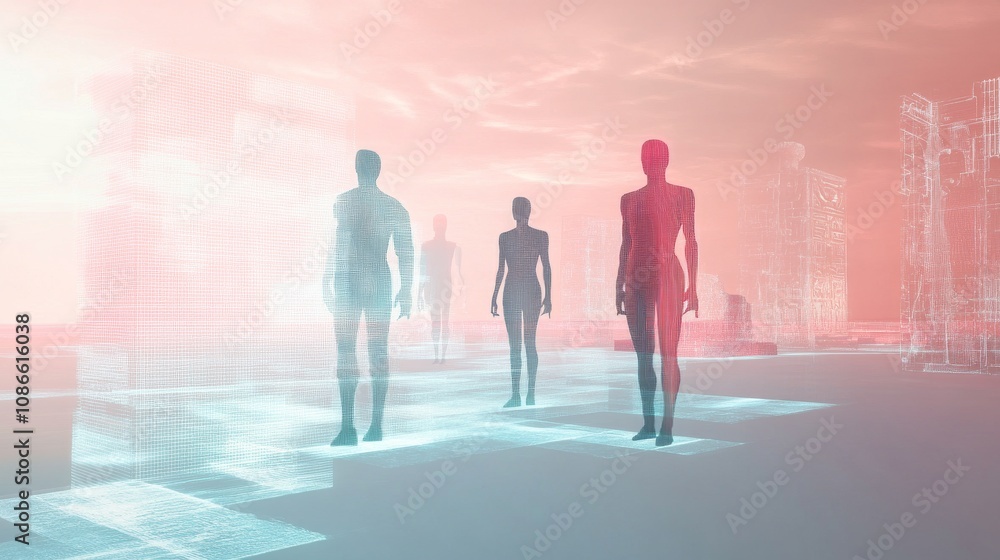 Here are a few options for your stock photo description, all under 50 characters:..* **Option 1 (Focus on futuristic):** Futuristic figures, city backdrop Here are a few options for your stock photo description, all under 50 characters:..* **Option 1 (Focus on futuristic):** Futuristic figures, city backdrop
