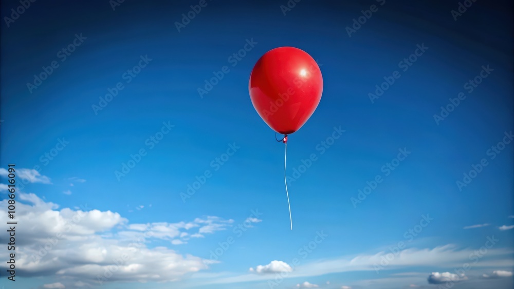 A Single Red Balloon Floating in a Blue Sky with White Clouds A Single Red Balloon Floating in a Blue Sky with White Clouds