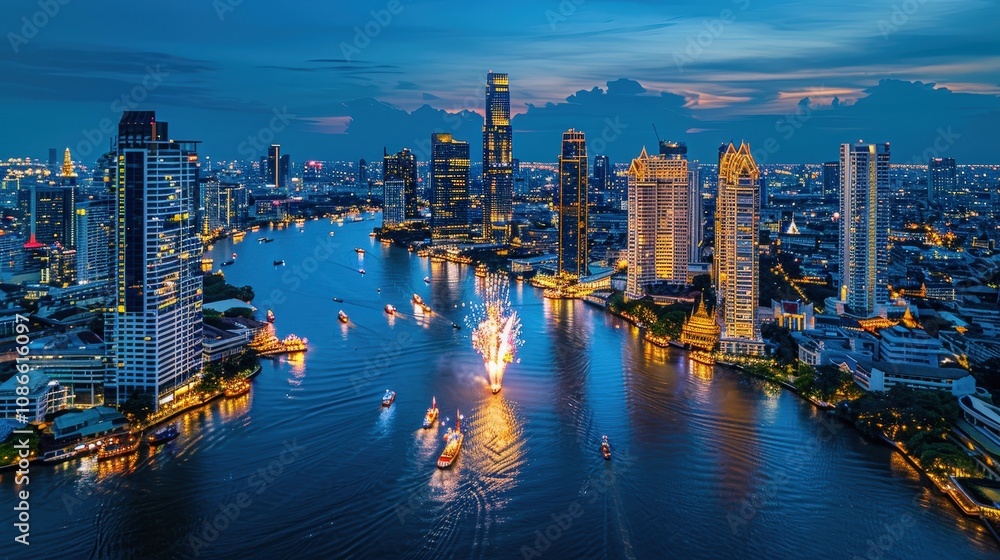 Fototapeta premium Vibrant River View of Cityscape at Dusk