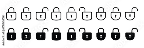 Lock icon collection. Locked and unlocked black line icon set. Flat security symbol.