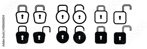 Lock icon collection. Locked and unlocked black line icon set. Flat security symbol.