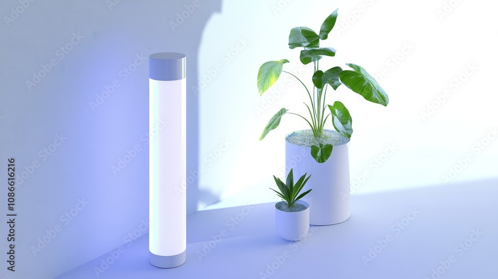 Modern lamp brightening a green indoor plant. Modern lamp brightening a green indoor plant.