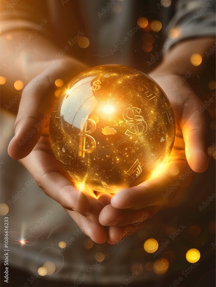 Realistic photo of clasped hands holding a glowing glass ball with golden light and reflection of wealth related icons such as dollar sign and gold bars Realistic photo of clasped hands holding a glowing glass ball with golden light and reflection of wealth related icons such as dollar sign and gold bars