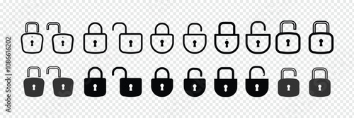 Lock and unlock vector icon set. Lock padlock open, close symbol isolated on transparent background. Privacy symbol, security symbol set.