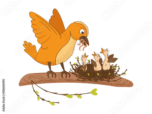 Bird feeds chicks with worms. Chicks waiting for food in the nest. Vector illustration with birds, nest, branch, mother bird, worm food. Picture for books, postcards, educational cards.