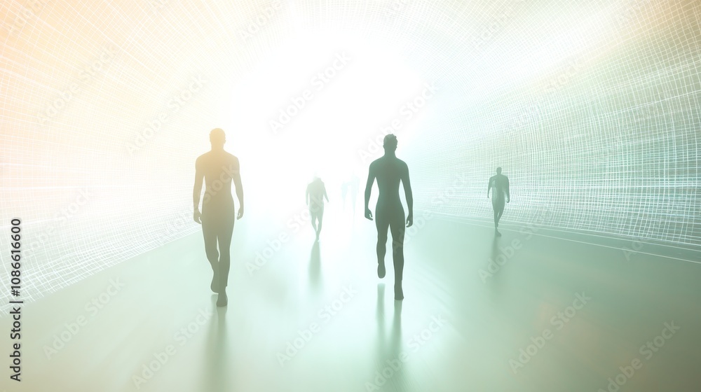 Fototapeta premium Silhouettes walking towards a bright light