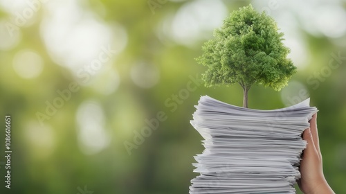 A hand holds a stack of papers with a small tree growing from the top, symbolizing environmental awareness and sustainability.