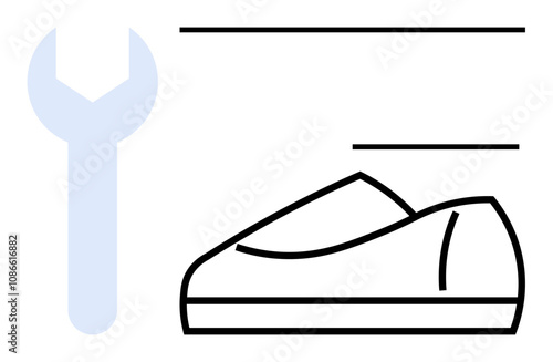 Sneaker outline with a large wrench, highlighting repair and maintenance elements. Ideal for shoe care, cobbler services, repair shops, DIY projects, footwear brands, manufacturing, and technical