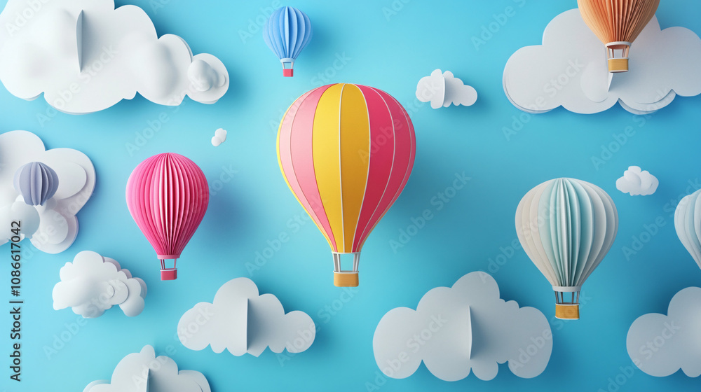 Colorful hot air balloons floating through a sky full of paper clouds, symbolizing adventure and dreams. Colorful hot air balloons floating through a sky full of paper clouds, symbolizing adventure and dreams.